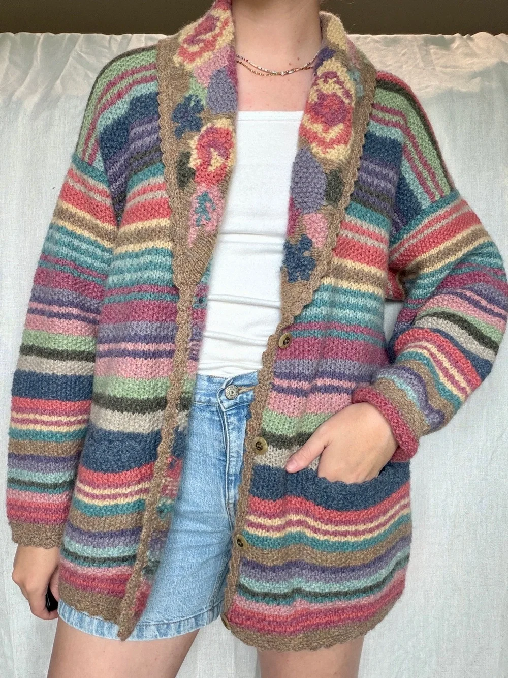 vintage Casual Corner shetland wool colorful maximalist floral stripe cardigan M - Picture 1 of 8
